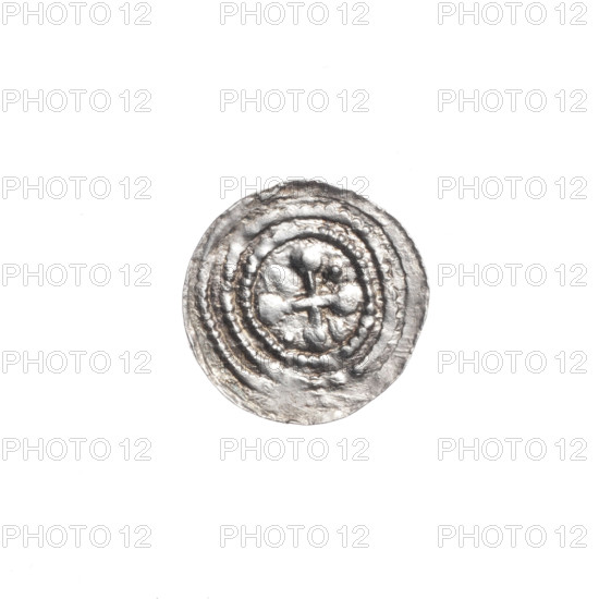 Denarius, Boleslaw III Krzywousty (prince of Poland; 1086–1138). Obverse: in a beaded border, a knight in chain mail thrusting a spearhead into the jaws of an upside-down dragon. Reverse: in a triple beaded border, an isosceles cross topped with balls; between its arms, one ball (three of them with one dot). Allegorical Romanesque imagery referencing fight between good and evil, martyrs/knights, Adalbert; spearhead/ spears, chainmail, jaws, dragon. Date: ca. 1125–1138. Poland, Kraków. Coin: denarius; diameter 12.3–12.9 mm; weight 0.40 g.