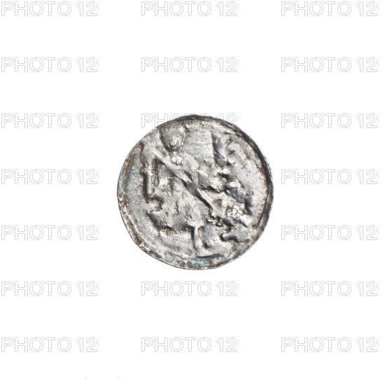 Denarius, Boleslaw III Krzywousty (prince of Poland; 1107–1138), ca. 1125–1138. Obverse: in the beaded border, a knight in chain mail thrusting a spearhead into the jaws of an upside-down dragon; a dot above the knight's left foot. Reverse: in the triple beaded border, an isosceles cross topped with balls, with one ball between its arms. Iconography: allegories, spearhead (issue mark), equal-armed cross, crosses, chain mail, martyrs, jaws, knight, Romanesque style, dragons, fight between good and evil, fight against pagans, Adalbert (Saint; ca. 956–997), spears. Coin (Poland, Kraków), diameter 12.3–12.7 mm, weight 0.40 g.