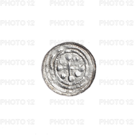 denarius, Boleslaw III Krzywousty (prince of Poland; 1086–1138/ruled 1107–1138), allegories, spearhead (issue mark), equal-armed cross, crosses, chain mail, martyrs, jaws, knight, Romanesque (style), dragons, knights, dragon, Middle Ages, fight between good and evil, fight against pagans, Adalbert (Saint; ca. 956–997), spears, spear (iconographic). Obv.: In the beaded border, a knight in chain mail thrusting the spearhead into the jaws of a dragon turned upside down. A dot above the knight's left foot. Rv.: In the triple beaded border, an isosceles cross topped with balls; between its arms, one ball. ca. 1125–1138, Poland, Kraków, coin, diameter 12.3–12.7 mm, weight 0.40 g