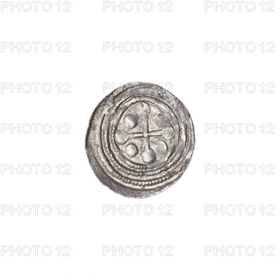 denarius, Boleslaw III Krzywousty (prince of Poland; 1086–1138), allegories, equal-armed cross, crosses, spearhead (issue mark), chain mail, mouth, martyrs, Romanesque (style), dragons, knight, dragon, Adalbert (Saint; ca. 956–997), Middle Ages, spear, fight against pagans, fight between good and evil. Obv.: In the beaded border, a knight in chain mail thrusting a spearhead into the jaws of a dragon turned upside down. Rv.: In the triple beaded border, an isosceles cross topped with balls; between its arms, one ball. ca. 1125–1138. Poland, Kraków. Coin. Diameter 12.3–12.9 mm; weight 0.37 g.