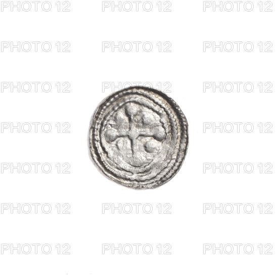 denarius, Boleslaw III Krzywousty (prince of Poland; 1086-1138 / reign 1107-1138), allegories, equal-armed cross, crosses, chain mail, spearhead (issue mark), martyrs, jaws, knight, dragons, Romanesque (style), Middle Ages, fight between good and evil, Adalbert (Saint; ca. 956-997), fight against pagans, spear, spears. Obv. In the beaded border, a knight in chain mail thrusting a spearhead into the jaws of a dragon turned upside down. Rv. In the triple beaded border, an isosceles cross topped with balls; between its arms, one ball. ca. 1125–1138, Poland, Kraków; coin; diameter 12.4–12.8 mm; weight 0.41 g