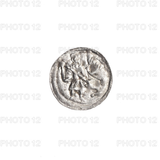 denarius, Boleslaw III Krzywousty (prince of Poland; 1086–1138), allegories, spearhead (issue mark), crosses, chain mail (iconographic), jaws (iconographic), chain mails, knight (iconographic), dragons, martyrs, Romanesque (style), equal-armed cross (iconographic), knights, Middle Ages, jaws, dragon (iconographic), fight against pagans (iconographic), Adalbert (Saint; ca. 956–997), fight between good and evil (iconographic), spears, spear (iconographic). Obv. In the linear border, a knight in chain mail thrusting a spearhead into the jaws of a dragon turned upside down. Rv. In the triple beaded border, an isosceles cross topped with balls. Between its arms, one ball. ca. 1125–1138, Poland, Kraków, coin, diameter 12.1–12.5 mm, weight 0.29 g