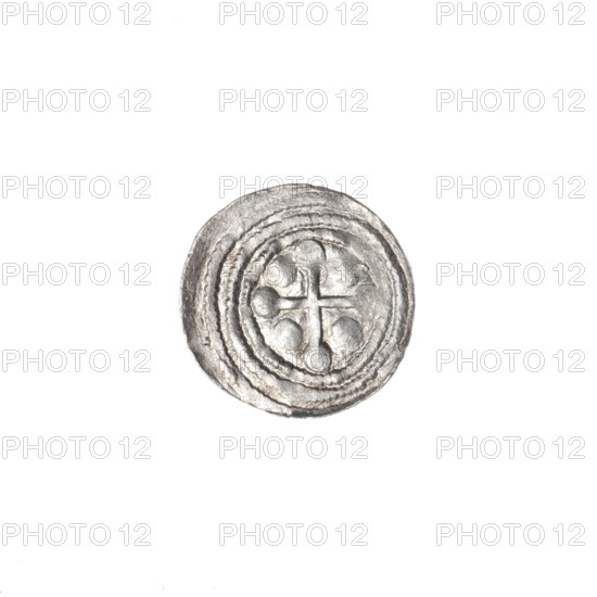 denarius, Boleslaw III Krzywousty (prince of Poland; 1086–1138), allegories, spearhead (issue mark), crosses, chain mail (iconographic), jaws (iconographic), chain mails, knight (iconographic), dragons, martyrs, Romanesque (style), equal-armed cross (iconographic), knights, Middle Ages, jaws, dragon (iconographic), fight against pagans (iconographic), Adalbert (Saint; ca. 956–997), fight between good and evil (iconographic), spears, spear (iconographic). Obv.: In the linear border, a knight in chain mail thrusting a spearhead into the jaws of a dragon turned upside down. Rv.: In the triple beaded border, an isosceles cross topped with balls; between its arms, one ball. ca. 1125–1138, Poland, Kraków, coin, diameter 12.1–12.5 mm, weight 0.29 g
