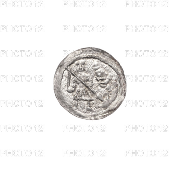 denarius, Boleslaw III Krzywousty (prince of Poland; 1086–1138), allegories, chain mail, spearhead (issue mark), crosses, jaws, equal-armed cross, knight, martyrs, Romanesque (style), dragons, fight against pagans, spear, Adalbert (Saint; ca. 956–997), spears, fight between good and evil. Obv.: In the beaded border, a knight in chain mail thrusting a spearhead into the jaws of an upside-down dragon. Rv.: In the triple beaded border, an isosceles cross topped with spheres (one with a dot). Between its arms radiate two spheres (smaller ones closer to the center, larger ones farther out). ca. 1125–1138, Kraków, Poland. Coin. Diameter 13.0–13.4 mm; weight 0.41 g.