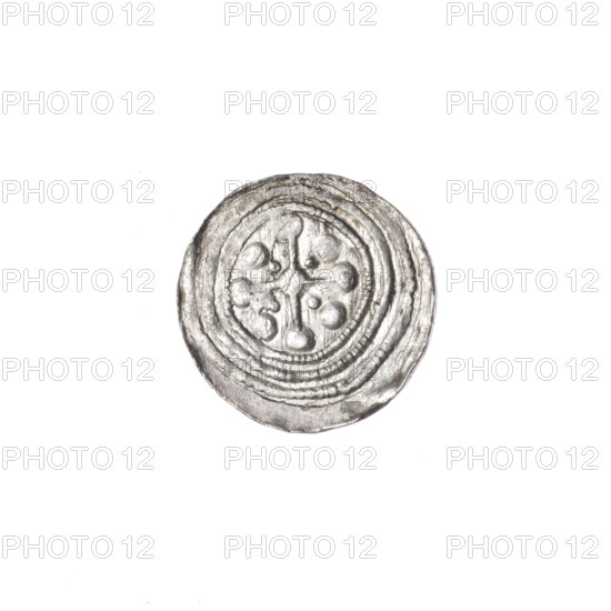 denarius, Boleslaw III Krzywousty (prince of Poland; 1086–1138), allegories, chain mail, spearhead (issue mark), crosses, jaws, equal-armed cross, knight, martyrs, Romanesque (style), dragons, Middle Ages, fight against pagans, spear, Adalbert (Saint; ca. 956–997), spears, fight between good and evil. Obv.: In the beaded border, a knight in chain mail thrusting a spearhead into the jaws of a dragon turned upside down. Rv.: In the triple beaded border, an isosceles cross topped with spheres (one with a dot). Between its arms radiate two spheres (smaller ones closer to the center, larger ones farther out). ca. 1125–1138, Kraków, Poland; coin; diameter 13.0–13.4 mm; weight 0.41 g.