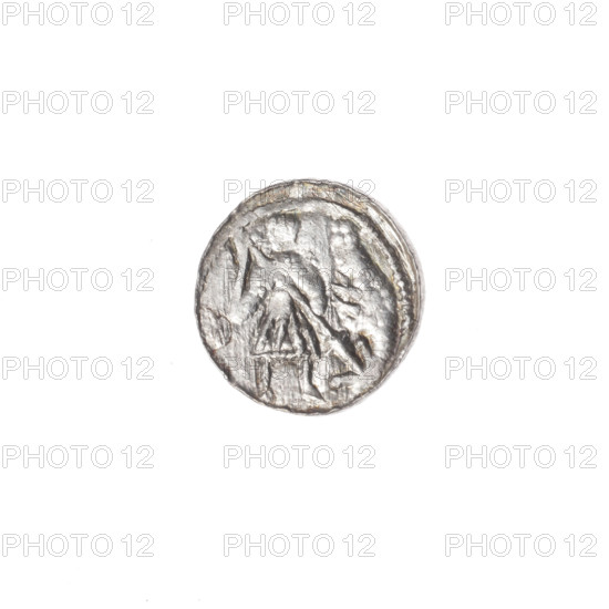 denarius, Boleslaw III Krzywousty (Prince of Poland; 1107–1138), allegories, spearhead (issue mark), chain mail (iconographic), equal-armed cross (iconographic), crosses, chain mail, mouth (iconographic), martyrs, knight (iconographic), Romanesque (style), dragons, knights, dragon (iconographic), fight between good and evil (iconographic), mouths, Middle Ages, fight against pagans (iconographic), Adalbert (Saint; ca. 956–997), spear (iconographic), spears. Obv.: In the beaded border, a knight in chain mail thrusting a spearhead into the jaws of a dragon turned upside down. Rv.: In the triple beaded border, an isosceles cross topped with balls. Between its arms, one ball. ca. 1125–1138. Poland, Kraków. Coin. Diameter 11.9–12.1 mm. Weight 0.41 g.