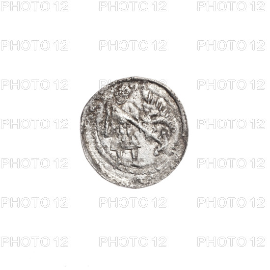 denarius, Boleslaw III Krzywousty (prince of Poland; 1086–1138), allegories, spearhead (issue mark), crosses, equal-armed cross, jaws, chain mail, knight, Romanesque style, martyrs, dragons, fight between good and evil, fight against pagans, spear, Adalbert (Saint; ca. 956–997). Obv.: In the beaded border, a knight in chain mail thrusting a spearhead into the jaws of a dragon turned upside down. Rv.: In the triple beaded border, an isosceles cross topped with balls; between its arms, one ball. ca. 1125–1138; Kraków, Poland. Coin. Diameter 12.6–13.1 mm; weight 0.40 g.