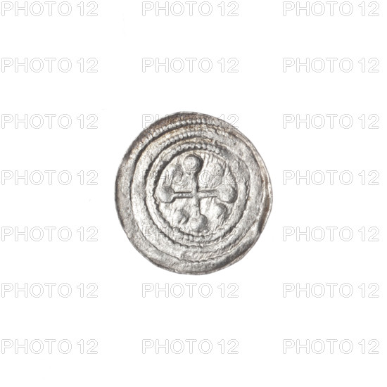 denarius, Boleslaw III Krzywousty (prince of Poland; 1086–1138), allegories, spearhead (issue mark), crosses, equal-armed cross, jaws, chain mail, chain mails, knight, Romanesque (style), martyrs, dragons, dragon, knights, Middle Ages, fight between good and evil, fight against pagans, spear, Adalbert (Saint; ca. 956–997), spears. Obv.: In the beaded border, a knight in chain mail thrusting a spearhead into the jaws of a dragon turned upside down. Rv.: In the triple beaded border, an isosceles cross topped with balls; between its arms, one ball. ca. 1125–1138, Kraków, Poland. Coin; diameter 12.6–13.1 mm; weight 0.40 g.
