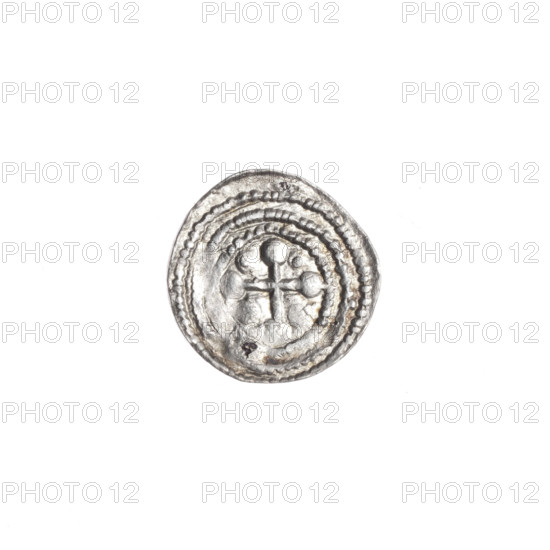 denarius, Boleslaw III Krzywousty (prince of Poland; 1086–1138), allegories, equal-armed cross, spearhead (issue mark), crosses, chain mail, mouth, martyrs, knight, dragons, Romanesque (style), Middle Ages, knights, fight between good and evil, fight against pagans, Adalbert (Saint; ca. 956–997), spears, spear. Obv.: In the beaded border, a knight in chain mail thrusting a spearhead into the jaws of a dragon turned upside down. Rv.: In the triple beaded border, an isosceles cross topped with balls; between its arms, one ball (two of them with one dot). ca. 1125–1138, Poland, Kraków. Coin; diameter 12.2–12.5 mm; weight 0.43 g.