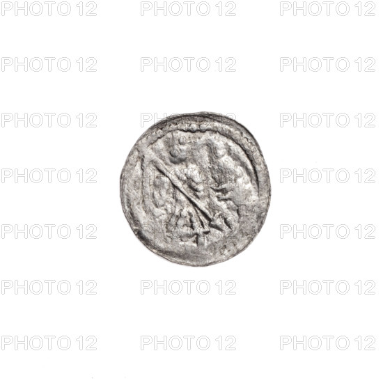 denarius, Boleslaw III Krzywousty (prince of Poland; 1107–1138), allegories, Boleslaw III Krzywousty (prince of Poland; 1086–1138), equal-armed cross, chain mail, chain mail, spearhead (issue mark), crosses, martyrs, jaws, knight, Romanesque (style), jaws, knights, dragon, Middle Ages, spear, fight between good and evil, dragons, Adalbert (Saint; ca. 956–997), spears, fight against pagans, Obv. In the beaded border, a knight in chain mail thrusting a spearhead into the jaws of a dragon turned upside down. Rv. In the triple beaded border, an isosceles cross topped with balls. Between its arms, one sun. ca. 1125–1138, Kraków, Poland, coin, diameter 12.3–12.7 mm, weight 0.41 g