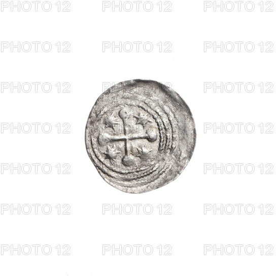 denarius, Boleslaw III Krzywousty (prince of Poland; 1086–1138), allegories, equal-armed cross, chain mail, spearhead (issue mark), crosses, martyrs, jaws, knight, Romanesque (style), knights, dragon, Middle Ages, spear, fight between good and evil, dragons, Adalbert (Saint; ca. 956–997), spears, fight against pagans. Obv.: In the beaded border, a knight in chain mail thrusting a spearhead into the jaws of an upside-down dragon. Rv.: In the triple beaded border, an isosceles cross topped with balls; between its arms, one sun. ca. 1125–1138, Kraków, Poland, coin; diameter 12.3–12.7 mm; weight 0.41 g