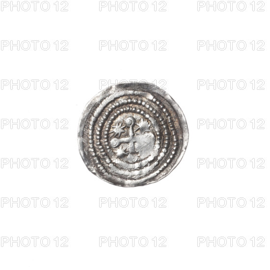 denarius, Boleslaw III Krzywousty (prince of Poland; 1086–1138), equal-armed cross, chain mail, allegories, crosses, jaws, spearhead (issue mark), martyrs, knight, Romanesque (style), dragons, knights, Middle Ages, fight between good and evil, fight against pagans, very good (state of preservation), dragon, Adalbert (Saint; ca. 956–997), spears. Obv. In the beaded border, a knight in chain mail thrusting a spearhead into the jaws of a dragon turned upside down. Rv. In the triple beaded border, an isosceles cross topped with spheres (two of them with one dot each). Between its arms, one sun. ca. 1125–1138, Poland, Kraków, coin, diameter 12.1–12.7 mm, weight 0.57 g