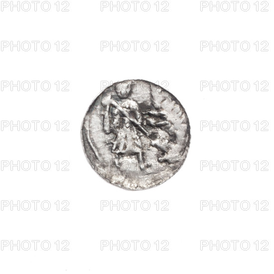 denarius, Boleslaw III Krzywousty (prince of Poland; 1086–1138), allegories, spearhead (issue mark), chain mail (iconographic), chain mails, crosses, equal-armed cross (iconographic), mouth (iconographic), martyrs, knight (iconographic), Romanesque (style), dragons, knights, mouths, dragon (iconographic), Middle Ages, fight between good and evil (iconographic), Adalbert (Saint; ca. 956–997), fight against pagans (iconographic), spears, spear (iconographic). Obv.: In the linear border, a knight in chain mail thrusting a spearhead into the jaws of a dragon turned upside down. Rv.: In the triple beaded border, an isosceles cross topped with balls; between its arms, one ball (two of them with one dot). ca. 1125–1138, Kraków, Poland; coin; diameter 12.7 mm; weight 0.39 g