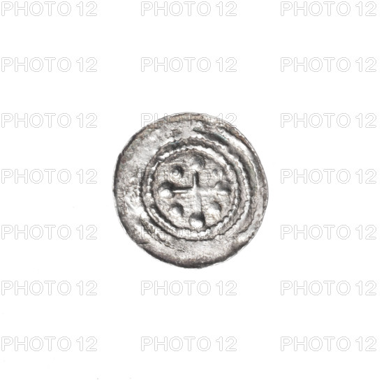 Denarius, Boleslaw III Krzywousty (prince of Poland; 1107–1138). Obverse: in a linear border, a knight in chain mail thrusting a spearhead into the jaws of an upside-down dragon. Reverse: in a triple beaded border, an isosceles cross topped with balls; between its arms, one ball (two of them with one dot). Iconography: allegories, spearhead (issue mark), chain mail, crosses, equal-armed cross, mouth, martyrs, knight, Romanesque style, dragons, fight between good and evil, Saint Adalbert (ca. 956–997), fight against pagans, spears. Date: ca. 1125–1138. Place: Kraków, Poland. Object: coin (denarius). Diameter: 12.7 mm. Weight: 0.39 g.