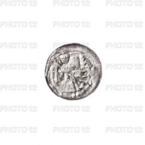 Denarius of Boleslaw III Krzywousty (prince of Poland; 1086–1138). Obverse: in the linear border, a knight in chain mail thrusting a spearhead into the jaws of an upside-down dragon. Reverse: in the triple beaded border, an isosceles cross topped with balls; between its arms, one ball (one of them with a dot). Iconography: equal-armed cross, crosses, chain mail, spearhead (issue mark), spears, knights, dragons, fight between good and evil, fight against pagans, martyr/saint (Adalbert, ca. 956–997), Romanesque style. Date: ca. 1125–1138. Place: Kraków, Poland. Coin; diameter 12.2–12.5 mm; weight 0.35 g.