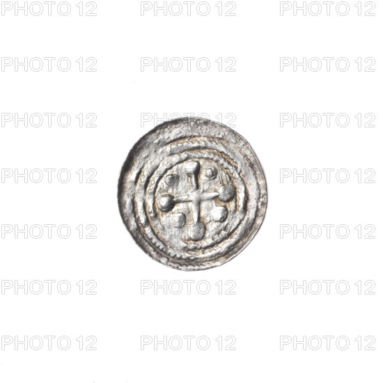 denarius, Boleslaw III Krzywousty (prince of Poland; 1086–1138), equal-armed cross, crosses, chain mail, spearhead (issue mark), allegories, martyrs, jaws, knight, Romanesque (style), dragons, fight between good and evil, fight against pagans, spear, Adalbert (Saint; ca. 956–997). Obverse: in the linear border, a knight in chain mail thrusting a spearhead into the jaws of an upside-down dragon. Reverse: in the triple beaded border, an isosceles cross topped with balls; between its arms, one ball (one of them with a dot). ca. 1125–1138, Poland, Kraków. Coin. Diameter 12.2–12.5 mm; weight 0.35 g.