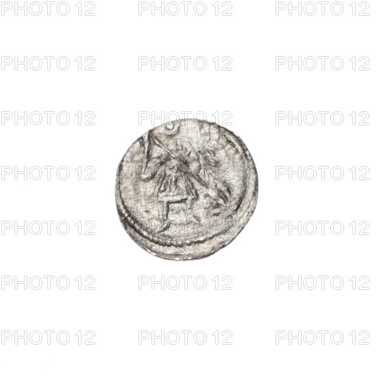 denarius, Boleslaw III Krzywousty (prince of Poland; 1086–1138), allegories, equal-armed cross, crosses, spearhead (issue mark), chain mail, jaws, knight, martyrs, Romanesque (style), dragons, Middle Ages, fight between good and evil, fight against pagans, spear, Adalbert (Saint; ca. 956–997). Obv.: In the beaded border, a knight in chain mail thrusting a spearhead into the jaws of a dragon turned upside down. Rv.: In the triple beaded border, an isosceles cross topped with balls; at the intersection of the arms, a ball; between them, one ball. ca. 1125–1138. Kraków, Poland. Coin. Diameter 11.7–12.2 mm; weight 0.28 g.