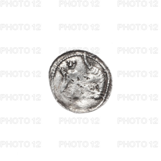 denarius, Boleslaw III Krzywousty (prince of Poland; 1107–1138), allegories, Boleslaw III Krzywousty (prince of Poland; 1086–1138), spearhead (issue mark), crosses, chain mail (iconographic), knight (iconographic), jaws (iconographic), martyrs, chain mail, Romanesque (style), equal-armed cross (iconographic), knights, dragons, dragon (iconographic), jaws, Middle Ages, Adalbert (Saint; ca. 956–997), fight between good and evil (iconographic), fight against pagans (iconographic), spear (iconographic), spears. Obv.: in the beaded border, a knight in chain mail thrusting a spearhead into the jaws of an upside-down dragon. Rv.: in the triple beaded border, an isosceles cross topped with balls; between its arms, a single sun; one arm intersects the other at approximately one-third of its length. ca. 1125–1138; Poland, Kraków; coin; diameter 12.1–12.9 mm; weight 0.59 g
