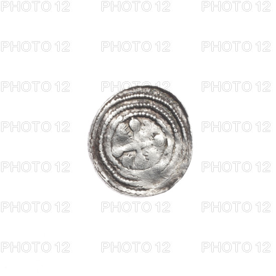 denarius, Boleslaw III Krzywousty (prince of Poland; 1086-1138), allegories, spearhead (issue mark), crosses, chain mail (iconographic), knight (iconographic), jaws (iconographic), martyrs, Romanesque (style), equal-armed cross (iconographic), knights, dragons, dragon (iconographic), Middle Ages, Adalbert (Saint; ca. 956-997), fight between good and evil (iconographic), fight against pagans (iconographic), spear (iconographic), spears. Obv.: In the beaded border, a knight in chain mail thrusting a spearhead into the jaws of a dragon turned upside down. Rv.: In the triple beaded border, an isosceles cross topped with balls; between its arms, a single sun. One arm intersects the other at approximately 1/3 of its length. ca. 1125–1138; Poland, Kraków; coin; diameter 12.1–12.9 mm; weight 0.59 g.