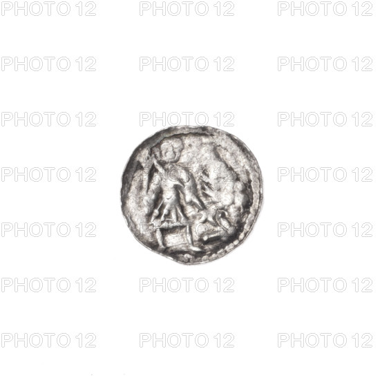 denarius, Boleslaw III Krzywousty (prince of Poland; 1086–1138), allegories, equal-armed cross, chain mail, crosses, jaws, knight, martyrs, Romanesque (style), knights, dragons, spearhead (issue mark), dragon, Middle Ages, spear, Adalbert (St.; ca. 956–997), fight between good and evil, fight against pagans. Obv.: In the beaded border, a knight in chain mail thrusting a spearhead into the jaws of a dragon turned upside down. Rv.: In the triple beaded border, an isosceles cross topped with balls; between its arms, one ball. ca. 1125–1138, Poland, Kraków, coin; diameter 11.3–12.0 mm, weight 0.43 g
