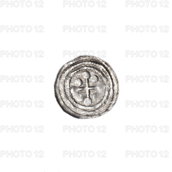 denarius, Boleslaw III Krzywousty (prince of Poland; 1107–1138), Boleslaw III Krzywousty (prince of Poland; 1086–1138), allegories, equal-armed cross, chain mail, crosses, jaws, chain mail, knight, martyrs, Romanesque (style), knights, dragons, jaws, spearhead (issue mark), dragon, Middle Ages, spear, Adalbert (St.; ca. 956–997), fight between good and evil, fight against pagans, spears. Obv. In the beaded border, a knight in chain mail thrusting a spearhead into the jaws of a dragon turned upside down. Rv. In the triple beaded border, an isosceles cross topped with balls; between its arms, one ball. ca. 1125–1138; Poland, Kraków; coin; diameter 11.3–12.0 mm; weight 0.43 g