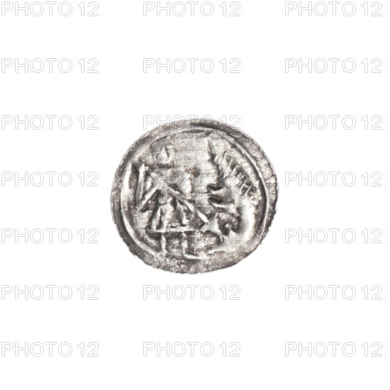 denarius, Boleslaw III Krzywousty (prince of Poland; 1107–1138), allegories, equal-armed cross, crosses, spearhead (issue mark), chain mail, jaws, knight, martyrs, Romanesque (style), dragons, dragon, Middle Ages, fight between good and evil, fight against pagans, Adalbert (Saint; ca. 956–997), spears, spear. Obv.: In the linear border, a knight in chain mail thrusting a spearhead into the jaws of a dragon turned upside down. Rv.: In the triple beaded border, an isosceles cross topped with balls (two of them with one dot each). Between its arms, one ball (two of them with one dot each). ca. 1125–1138. Poland, Kraków. Coin. Diameter 12.8–13.3 mm. Weight 0.38 g.