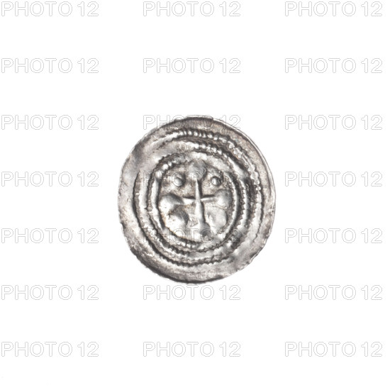 Denarius, Boleslaw III Krzywousty (prince of Poland; 1086–1138). Obverse: In a linear border, a knight in chain mail thrusting a spearhead into the jaws of a dragon turned upside down. Reverse: In a triple beaded border, an isosceles cross topped with balls (two of them with one dot each); between its arms, one ball (two of them with one dot each). Allegorical imagery: knights, dragons, fight between good and evil, fight against pagans; references to martyrs and Saint Adalbert (ca. 956–997). Romanesque style. Issue mark: spearhead. Date: ca. 1125–1138. Poland, Kraków. Coin. Diameter 12.8–13.3 mm. Weight 0.38 g.