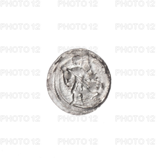 denarius, Boleslaw III Krzywousty (prince of Poland; 1086–1138), allegories, spearhead (issue mark), chain mail (iconographic), equal-armed cross (iconographic), crosses, jaws (iconographic), chain mail, martyrs, knight (iconographic), Romanesque (style), knights, dragons, jaws, dragon (iconographic), Middle Ages, Adalbert (Saint; ca. 956–997), fight between good and evil (iconographic), fight against pagans (iconographic), spear (iconographic), spears. Obv. In the linear border, a knight in chain mail thrusting a spearhead into the jaws of a dragon turned upside down. Rv. In the triple beaded border, an isosceles cross topped with balls. Between its arms, one ball (one of them with a dot). ca. 1125–1138. Poland, Kraków. Coin. Diameter 12.8–13.1 mm; weight 0.42 g.