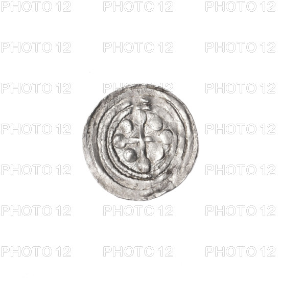 denarius, Boleslaw III Krzywousty (prince of Poland; 1086–1138 / reign 1107–1138), Romanesque, ca. 1125–1138, Poland, Kraków; coin. Obv. In the linear border, a knight in chain mail thrusting a spearhead into the jaws of a dragon turned upside down. Rv. In the triple beaded border, an isosceles cross topped with balls; between its arms, one ball (one of them with a dot). Iconography: spearhead (issue mark), chain mail, equal-armed cross, crosses, jaws, martyrs, knight, knights, dragons, dragon, fight between good and evil, fight against pagans, Adalbert (Saint; ca. 956–997). Diameter 12.8–13.1 mm; weight 0.42 g.