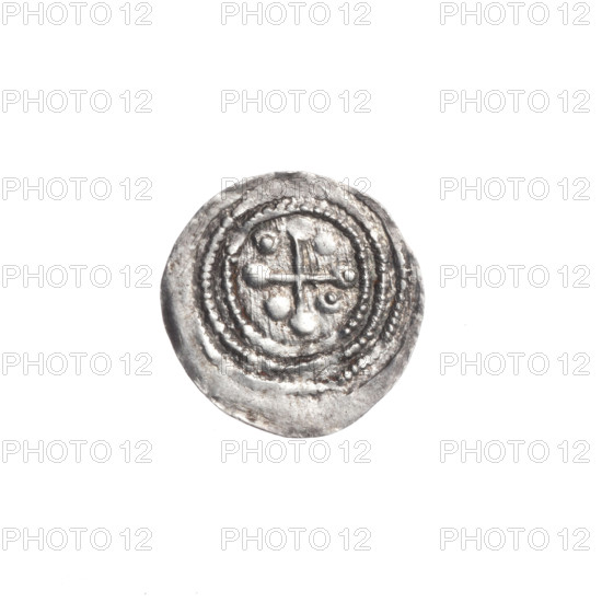 Denarius, Boleslaw III Krzywousty (prince of Poland; 1086–1138). Obverse: in the beaded border, a knight in chain mail thrusting a spearhead into the jaws of a dragon turned upside down. Reverse: in the triple beaded border, an isosceles cross topped with spheres (one of them with a dot); between its arms, one sphere (two of them with a dot). Allegorical/romanesque imagery: knights, dragon(s), fight between good and evil, martyrs, Adalbert (Saint; ca. 956–997), fight against pagans. Issue mark: spearhead. Date: ca. 1125–1138. Place: Kraków, Poland. Coin; diameter 13.3–13.8 mm; weight 0.48 g.