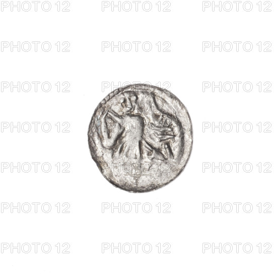Denarius, Boleslaw III Krzywousty (prince of Poland; 1086–1138). Romanesque style coin, ca. 1125–1138, Poland, Kraków. Obverse: in the beaded border, a knight in chain mail thrusting a spearhead into the jaws of an upside-down dragon. Reverse: in the triple beaded border, an isosceles cross topped with balls; between its arms one ball; in one quarter of the coin field, near the center of the cross, a dot. Features: allegories, equal-armed cross, crosses, chain mail, spearhead (issue mark), jaw, knight, martyrs, knights, dragons, dragon, Middle Ages, fight between good and evil, fight against pagans, Adalbert (Saint; ca. 956–997), diameter approx. 12.1–12.3 mm, weight 0.31 g.