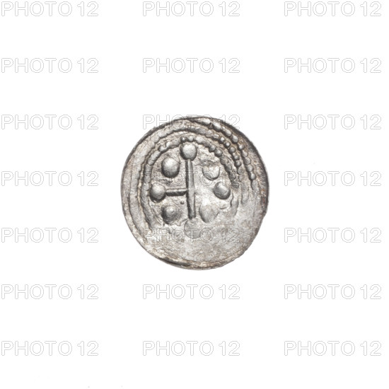 Denarius, Boleslaw III Krzywousty (prince of Poland; 1086–1138). Romanesque style; ca. 1125–1138, Poland, Kraków. Silver coin, diameter 12.1–12.3 mm, weight 0.31 g. Obverse: in beaded border, a knight in chain mail thrusting a spearhead into the jaws of an upside-down dragon. Reverse: in triple beaded border, an isosceles cross topped with balls; between its arms one ball and a dot in one quarter near the center. Iconography: knight, chain mail, spear, dragons/dragon jaws, equal-armed cross; themes of knights, martyrs, fight between good and evil, fight against pagans; references to Adalbert (Saint; ca. 956–997).