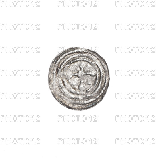 Denarius of Boleslaw III Krzywousty (prince of Poland; ca. 1086–1138), ca. 1125–1138. Obverse: in a beaded border, a knight in chain mail thrusting a spearhead into the jaws of an upside-down dragon. Reverse: in a triple beaded border, an isosceles cross topped with balls; at the intersection of the arms, a ball; between the arms, one ball. Iconography: knight, chain mail, spearhead, dragon, equal-armed cross, martyrs, fight between good and evil, fight against pagans; Romanesque style; attribution to St. Adalbert referenced. Coin; Poland, Kraków. Diameter 12.3–12.7 mm; weight 0.42 g.