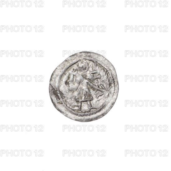 denarius, Boleslaw III Krzywousty (Prince of Poland; 1107–1138), obverse: in the beaded border a knight in chain mail thrusting a spearhead into the jaws of an upside-down dragon; reverse: in the triple beaded border an isosceles equal-armed cross topped with balls, with an additional ball between its arms. Allegories, crosses, equal-armed cross, jaws, spearhead (issue mark), chain mail, martyrs, knight, Romanesque style, knights, dragon, dragons, Middle Ages, fight against pagans, fight between good and evil, spear, Adalbert (Saint; ca. 956–997). Date ca. 1125–1138. Poland, Kraków. Coin (denarius). Diameter 13.2–13.7 mm. Weight 0.38 g.