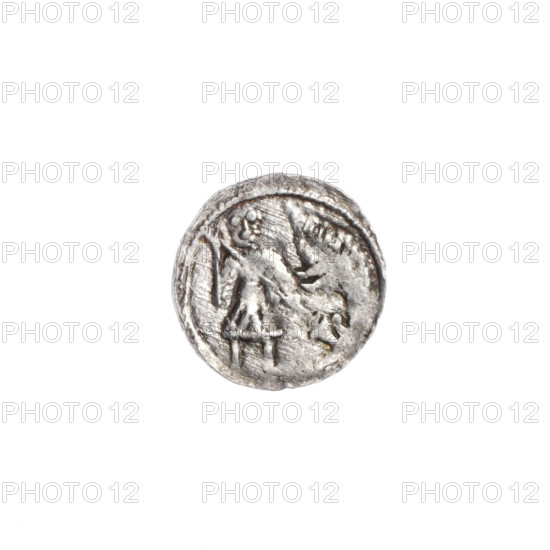 denarius, Boleslaw III Krzywousty (prince of Poland; 1107–1138), allegories, Boleslaw III Krzywousty (prince of Poland; 1086–1138), spearhead (issue mark), chain mail (iconographic), equal-armed cross (iconographic), chain mail, crosses, mouth (iconographic), martyrs, knight (iconographic), dragons, mouths, knights, dragon (iconographic), Romanesque (style), Adalbert (Saint; ca. 956–997), fight against pagans (iconographic), fight between good and evil (iconographic), Middle Ages, spear (iconographic), spears. Obv.: In the beaded border, a knight in chain mail thrusting a spearhead into the jaws of a dragon turned upside down. Rv.: In the triple beaded border, an isosceles cross topped with balls; between its arms radiate two balls (smaller ones closer to the center, larger ones farther out). ca. 1125–1138. Poland, Kraków. Coin. Diameter 12.1–12.5 mm. Weight 0.42 g.