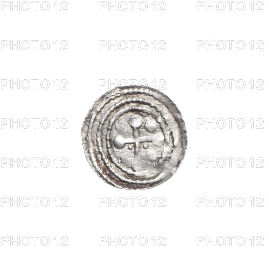 denarius, Boleslaw III Krzywousty (prince of Poland; 1107–1138), allegories, Boleslaw III Krzywousty (prince of Poland; 1086–1138), spearhead (issue mark), chain mail (iconographic), equal-armed cross (iconographic), chain mail, crosses, mouth (iconographic), martyrs, knight (iconographic), dragons, mouths, knights, dragon (iconographic), Romanesque (style), Adalbert (Saint; ca. 956–997), fight against pagans (iconographic), fight between good and evil (iconographic), Middle Ages, spear (iconographic), spears, Obv. In the beaded border, a knight in chain mail thrusting a spearhead into the jaws of a dragon turned upside down. Rv. In the triple beaded border, an isosceles cross topped with balls. Between its arms radiate two balls (smaller ones closer to the center of the cross, larger ones). ca. 1125–1138, Poland, Kraków, coin, diameter 12.1–12.5 mm, weight 0.42 g