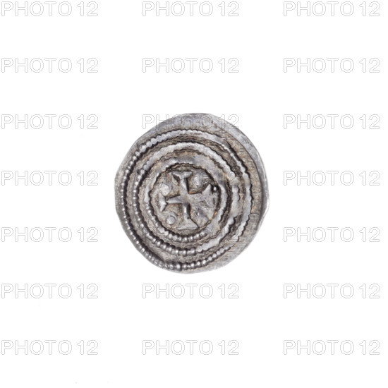 denarius, Boleslaw III Krzywousty (Prince of Poland; 1107–1138), allegories, spearhead (issue mark), equal-armed cross, chain mail, crosses, mouth, martyrs, knight, Romanesque (style), knights, dragon, dragons, mouths, Middle Ages, fight between good and evil, fight against pagans, spears, Adalbert (Saint; ca. 956–997), spear, very good (state of preservation). Obv.: In the beaded border, a knight in chain mail thrusting a spearhead into the jaws of a dragon turned upside down. Rv.: In the triple beaded border, an isosceles cross topped with crossbars; between its arms, one ball; near one crossbar on its outer side, a dot. ca. 1125–1138, Poland, Kraków, coin (denarius), diameter 13.1–13.6 mm, weight 0.49 g.