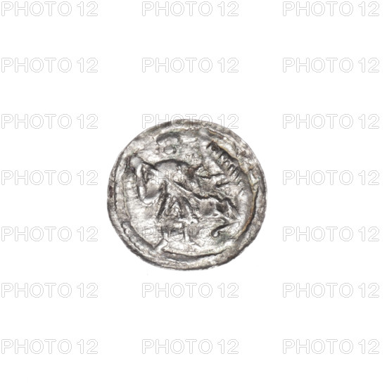 denarius, Boleslaw III Krzywousty (prince of Poland; 1086–1138 / reign 1107–1138), allegories, crosses, equal-armed cross, spearhead (issue mark), chain mail, mouth, martyrs, knight, Romanesque (style), dragons, knights, dragon, Middle Ages, fight between good and evil, fight against pagans, spear, Adalbert (Saint; ca. 956–997). Obv. In the beaded border, a knight in chain mail thrusting a spearhead into the jaws of a dragon turned upside down. Rv. In the triple beaded border, an isosceles cross topped with balls; between its arms, one ball. ca. 1125–1138. Poland, Kraków. Coin. Diameter 12.4–12.9 mm. Weight 0.36 g.