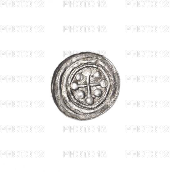 Denarius of Boleslaw III Krzywousty (prince of Poland; reign 1107–1138). Obverse: in the beaded border, a knight in chain mail thrusting a spearhead into the jaws of an upside-down dragon. Reverse: in the triple beaded border, an isosceles cross topped with balls; between its arms, a single ball. Allegorical imagery: knights, dragons, fight between good and evil, fight against pagans; motifs include crosses, equal-armed cross, spearhead (issue mark), spears, chain mail, mouths. Associated figure: Adalbert (Saint; ca. 956–997). Romanesque style, Middle Ages; ca. 1125–1138; Poland, Kraków. Coin; diameter 12.4–12.9 mm; weight 0.36 g.