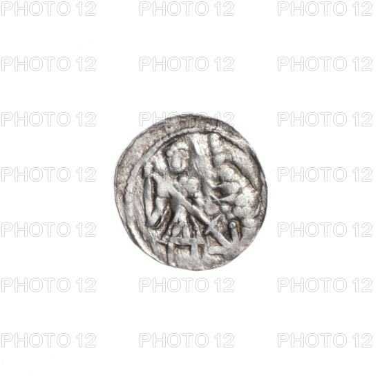 denarius, Boleslaw III Krzywousty (prince of Poland; 1086–1138), allegories, equal-armed cross, spearhead (issue mark), crosses, chain mail, jaws, chain mails, martyrs, knight, Romanesque (style), dragons, dragon, knights, Middle Ages, fight between good and evil, Adalbert (Saint; ca. 956–997), spear, fight against pagans, Obv. In the beaded border, a knight in chain mail thrusting a spearhead into the jaws of a dragon turned upside down. Rv. In the triple beaded border, an isosceles cross topped with spheres (one of them has a dot). Between its arms, one sphere (two of them have a dot). ca. 1125–1138, Poland, Kraków, coin, diameter 12.3 mm, diameter 12.9 mm, weight 0.50 g