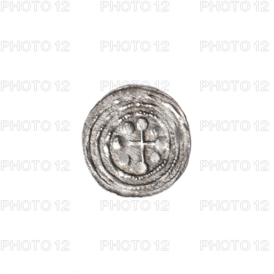 denarius, Boleslaw III Krzywousty (prince of Poland; 1086–1138), allegories, equal-armed cross, spearhead (issue mark), crosses, chain mail, jaws, martyrs, knight, Romanesque (style), dragons, dragon, knights, Middle Ages, fight between good and evil, Adalbert (Saint; ca. 956–997), spear, fight against pagans. Obv.: In the beaded border, a knight in chain mail thrusting a spearhead into the jaws of a dragon turned upside down. Rv.: In the triple beaded border, an isosceles cross topped with spheres (one of them has a dot). Between its arms, one sphere (two of them have a dot). ca. 1125–1138, Poland, Kraków, coin; diameter 12.3–12.9 mm; weight 0.50 g