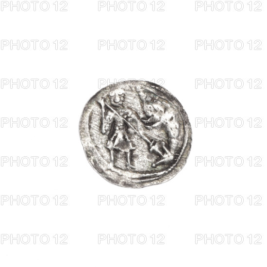 denarius, Boleslaw III Krzywousty (prince of Poland; 1086–1138), allegories, equal-armed cross, crosses, jaws, spearhead (issue mark), chain mail, martyrs, knight, Romanesque (style), dragons, knights, dragon, Middle Ages, fight between good and evil, spear, fight against pagans, Wojciech (St.; ca. 956–997), Obv. In the beaded border, a knight in chain mail thrusting a spearhead into the jaws of a dragon turned upside down. Rv. In the triple beaded border, an isosceles cross topped with balls. Between its arms radiate two balls (smaller ones closer to the center of the cross, larger ones)., ca. 1125–1138, Poland, Kraków, coin, diameter 12.8–13.4 mm, weight 0.35 g
