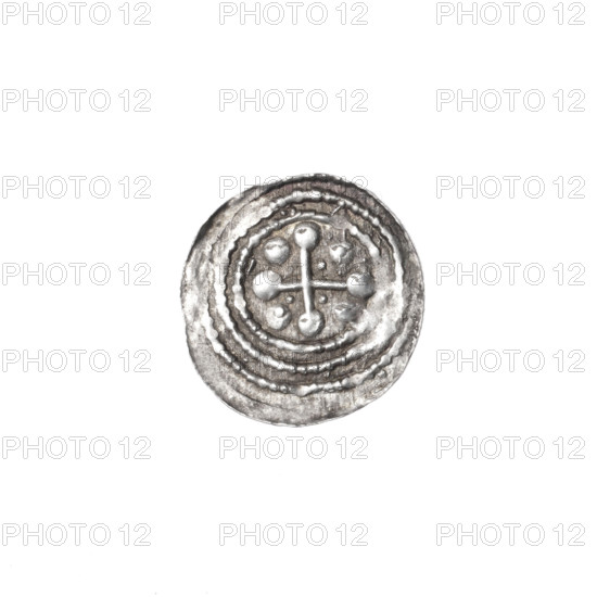 denarius, Boleslaw III Krzywousty (prince of Poland; 1086–1138 / reign 1107–1138), allegories, equal-armed cross, crosses, jaws, spearhead (issue mark), chain mail, martyrs, knight, Romanesque (style), dragons, knights, dragon, Middle Ages, fight between good and evil, spear, fight against pagans, Wojciech (St.; ca. 956–997), Obv. In the beaded border, a knight in chain mail thrusting a spearhead into the jaws of a dragon turned upside down. Rv. In the triple beaded border, an isosceles cross topped with balls. Between its arms radiate two balls (smaller ones closer to the center of the cross, larger ones)., ca. 1125–1138, Poland, Kraków, coin, diameter 12.8–13.4 mm, weight 0.35 g