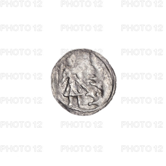 denarius, Boleslaw III Krzywousty (prince of Poland; 1107–1138), allegories, crosses, equal-armed cross, jaw, chain mail, spearhead (issue mark), martyrs, Romanesque (style), knight, jaws, dragons, dragon, Adalbert (Saint; ca. 956–997), fight against pagans, fight between good and evil, Middle Ages. Obv.: In the beaded border, a knight in chain mail thrusting a spearhead into the jaws of a dragon turned upside down. Rv.: In the triple beaded border, an isosceles cross topped with balls; between its arms, one ball (two of them with one dot). ca. 1125–1138, Poland, Kraków; coin; diameter 12.1–12.5 mm; weight 0.41 g.