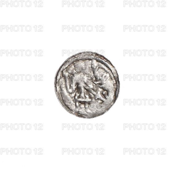 denarius, Boleslaw III Krzywousty (prince of Poland; 1086–1138 / reign 1107–1138), Romanesque style, ca. 1125–1138, Poland, Kraków. Obverse: in a beaded border, a knight in chain mail thrusting a spearhead into the upside-down jaws of a dragon. Reverse: in a triple beaded border, an isosceles cross topped with balls; at the intersection of the arms a ball; one arm intersects the other at approximately 1/3 of its length. Allegorical imagery: knights, dragons, fight between good and evil; motifs include spearhead (issue mark), equal-armed cross, spears, chain mail. Diameter 12.2 mm, weight 0.40 g.