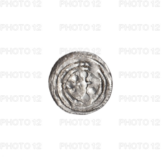 denarius, Boleslaw III Krzywousty (prince of Poland; 1086–1138), allegories, spearhead (issue mark), equal-armed cross, crosses, jaws, chain mail, martyrs, knight, Romanesque (style), knights, dragons, dragon, Middle Ages, fight between good and evil, Adalbert (Saint; ca. 956–997), spear, fight against pagans, Obv. In the beaded border, a knight in chain mail thrusting a spearhead into the jaws of a dragon turned upside down. Rv. In the triple beaded border, an isosceles cross topped with balls. At the intersection of the arms, a ball. Between them, one ball. One arm intersects the other at approximately 1/3 of its length. ca. 1125–1138, Poland, Kraków, coin, diameter 12.2 mm, weight 0.40 g