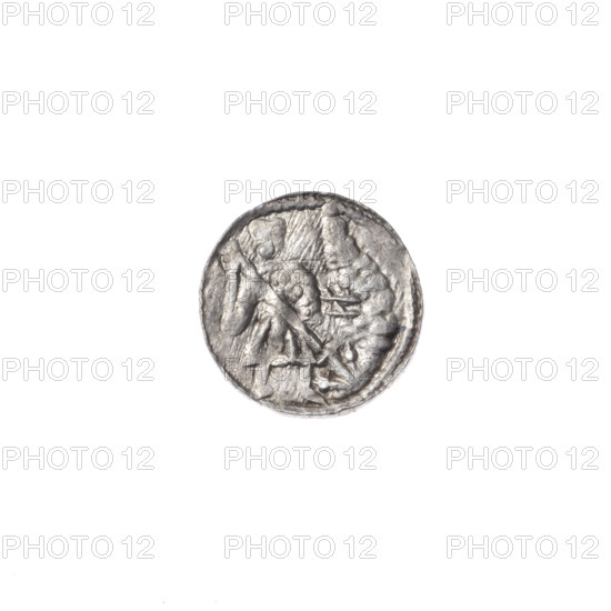 denarius, Boleslaw III Krzywousty (prince of Poland; 1086–1138), allegories, equal-armed cross (iconographic), crosses, spearhead (issue mark), chain mail (iconographic), chain mails, jaws (iconographic), knight (iconographic), dragons, Romanesque (style), knights, dragon (iconographic), jaws, Middle Ages, fight between good and evil (iconographic), fight against pagans (iconographic), spear (iconographic), Adalbert (Saint; ca. 956–997), martyrs. Obv. In the beaded border, a knight in chain mail thrusting a spearhead into the jaws of a dragon turned upside down. Rv. In the triple beaded border, an isosceles cross topped with balls. At the intersection of the arms of the cross, a ball. Between them, one ball. ca. 1125–1138. Poland, Kraków. Coin. Diameter 11.2–11.7 mm. Weight 0.42 g.