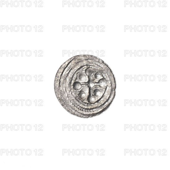 denarius, Boleslaw III Krzywousty (prince of Poland; 1107–1138), allegories, equal-armed cross (iconographic), crosses, spearhead (issue mark), chain mail (iconographic), chain mails, jaws (iconographic), knight (iconographic), dragons, Romanesque (style), knights, dragon (iconographic), jaws, Middle Ages, fight between good and evil (iconographic), fight against pagans (iconographic), spear (iconographic), Adalbert (Saint; ca. 956–997), martyrs. Obv.: In the beaded border, a knight in chain mail thrusting a spearhead into the jaws of a dragon turned upside down. Rv.: In the triple beaded border, an isosceles cross topped with balls; at the intersection of the arms of the cross, a ball; between them, one ball. ca. 1125–1138, Poland, Kraków; coin; diameter 11.2–11.7 mm; weight 0.42 g.