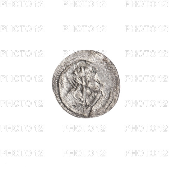 denarius, Boleslaw III Krzywousty (prince of Poland; 1086–1138 / reign 1107–1138), Romanesque style, ca. 1125–1138, Poland, Kraków, coin. Obverse: in the beaded border, a knight in chain mail thrusting a spearhead into the jaws of an upside-down dragon; depiction includes equal-armed cross, crosses, chain mail, spearhead (issue mark), mouth, martyrs, knight, dragons, dragon, fight between good and evil, fight against pagans, spears. Reverse: in the triple beaded border, an isosceles cross topped with balls; one ball between its arms, one arm intersects the other at approximately 1/3 of its length. Diameter 12.2–12.6 mm, weight 0.36 g.