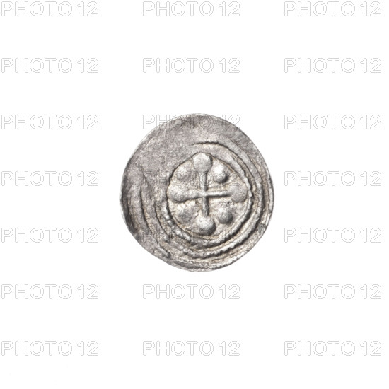 denarius, Boleslaw III Krzywousty (prince of Poland; 1086–1138), allegories, equal-armed cross, crosses, chain mail, spearhead (issue mark), mouth, martyrs, knight, Romanesque (style), dragons, knights, dragon, Middle Ages, Adalbert (St.; ca. 956–997), fight between good and evil, fight against pagans, spears, spear. Obv. In the beaded border, a knight in chain mail thrusting a spearhead into the jaws of a dragon turned upside down. Rv. In the triple beaded border, an isosceles cross topped with balls. Between its arms, one ball. One arm intersects the other at approximately 1/3 of its length. ca. 1125–1138. Poland, Kraków. Coin. Diameter 12.2–12.6 mm. Weight 0.36 g.